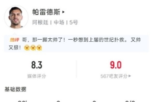 帕雷德斯本场数据：1解围3抢断，6次地面对抗5次成功，评分8.3分